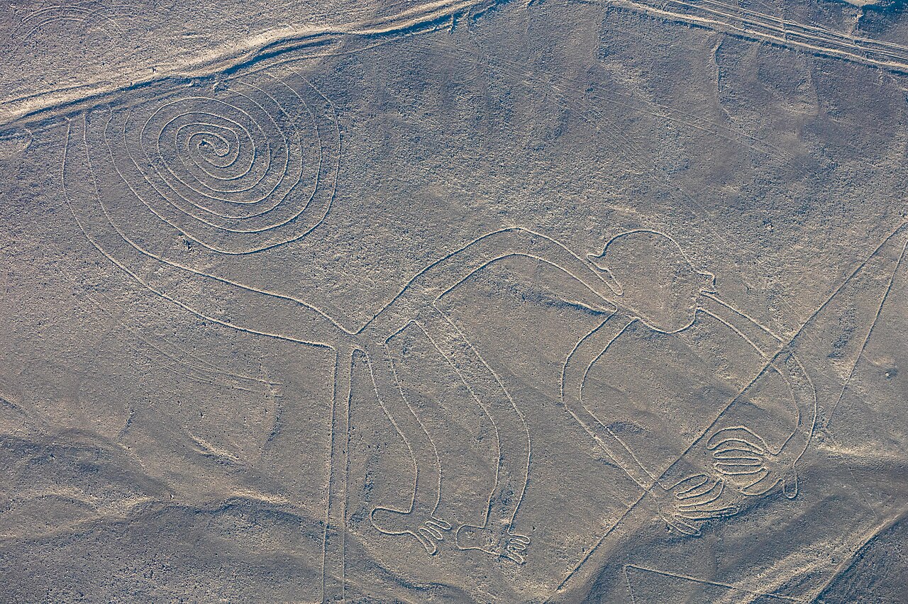 A giant geoglyph etched into the desert floor of southern Peru, seen from above
