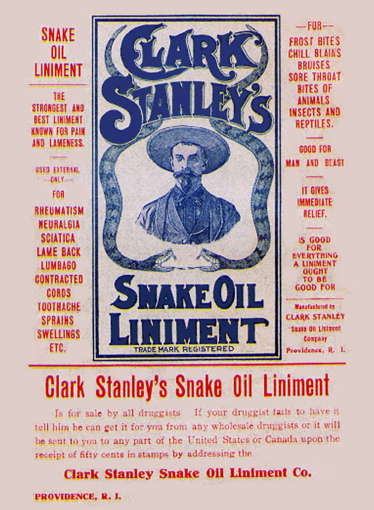 A vintage advertisement for Clark Stanley’s Snake Oil Liniment patent medicine