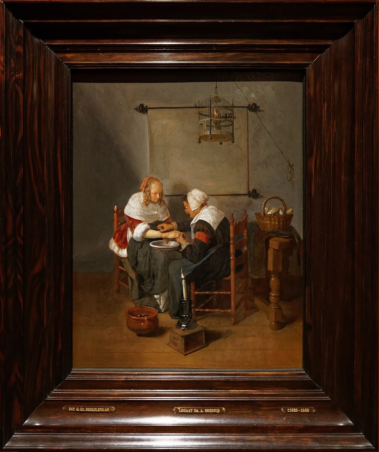 A 17th-century Dutch painting of a barber-surgeon treating a patient in his shop