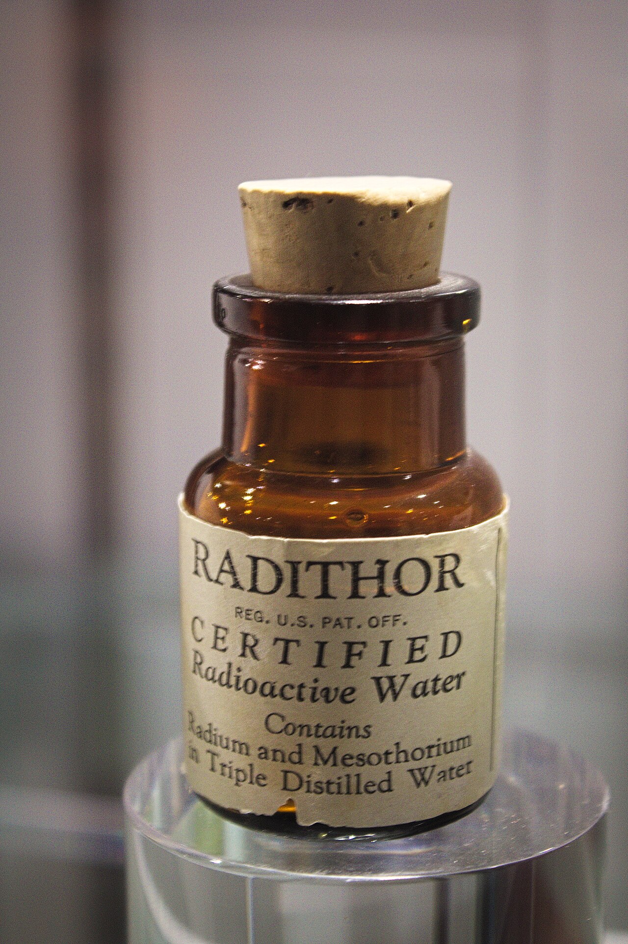 An antique bottle of Radithor, a patent medicine made from water containing radium