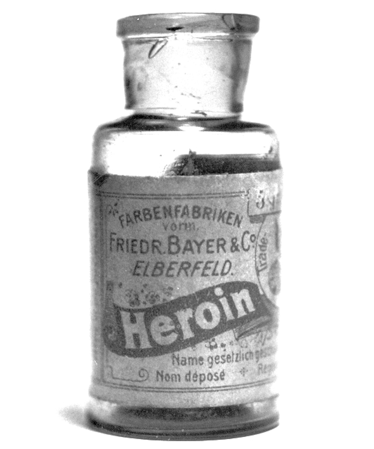 A vintage Bayer medicine bottle labeled Heroin, from around 1900