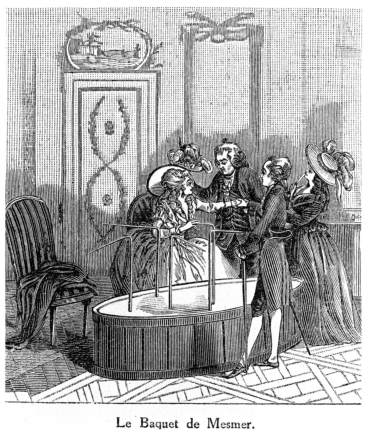 A historical illustration of patients receiving an 18th-century mesmerism treatment