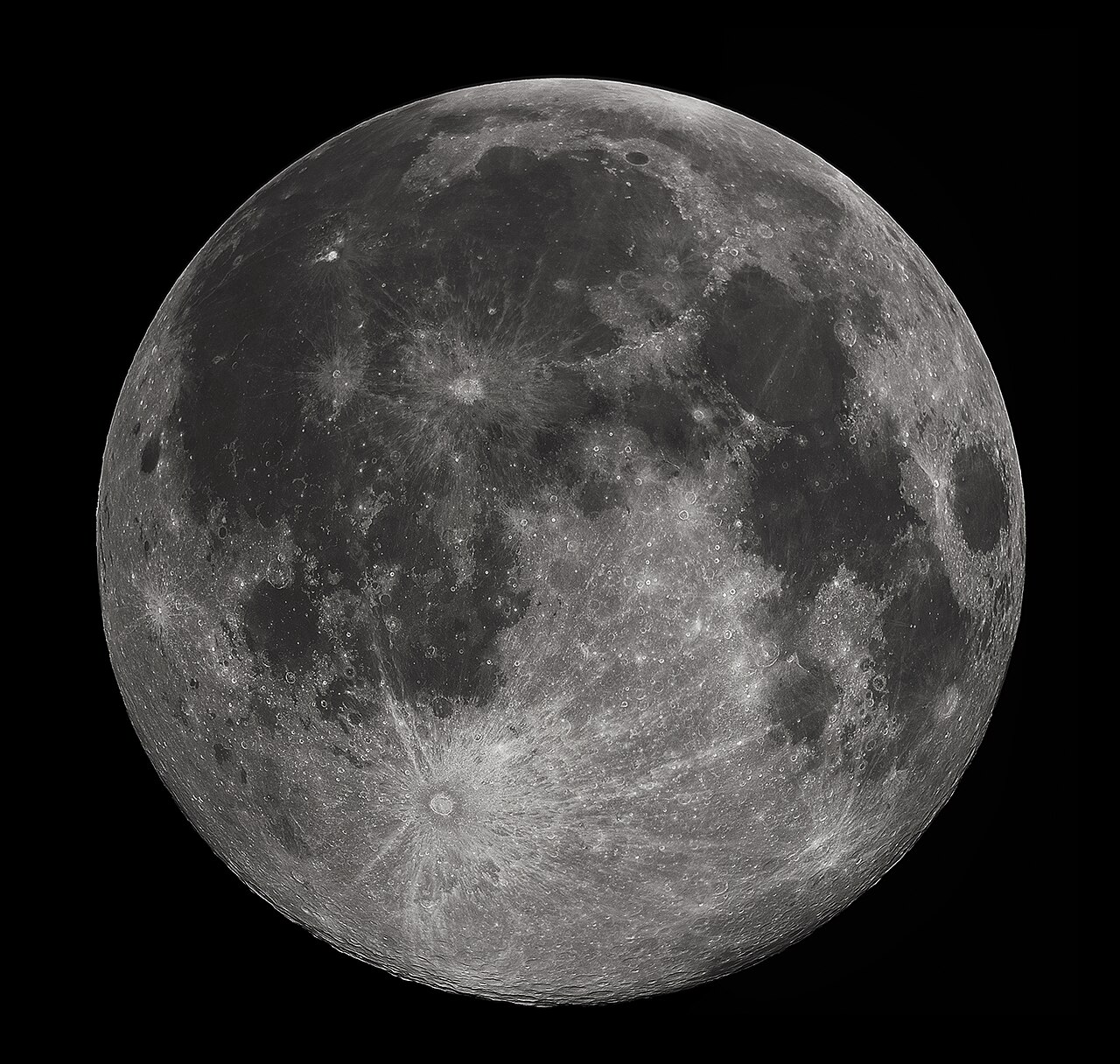 The full Moon seen from Earth, showing its gray plains and bright cratered highlands