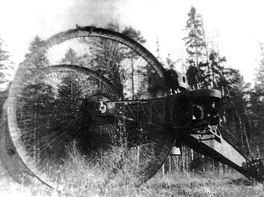 The Tsar Tank, a Russian armored vehicle with two enormous spoked front wheels