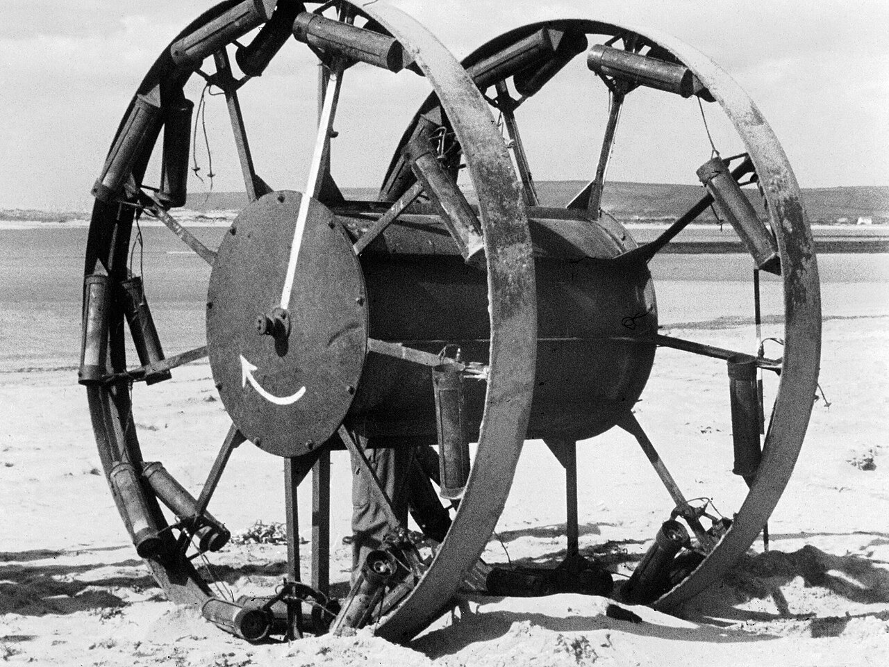 The Great Panjandrum, a rocket-propelled explosive wheel, during trials on a beach