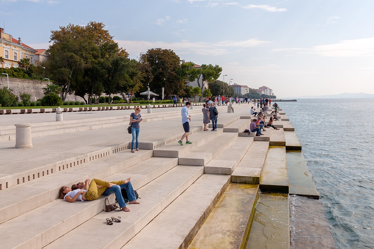 The Sea Organ in Zadar, white stone steps descending into the Adriatic Sea