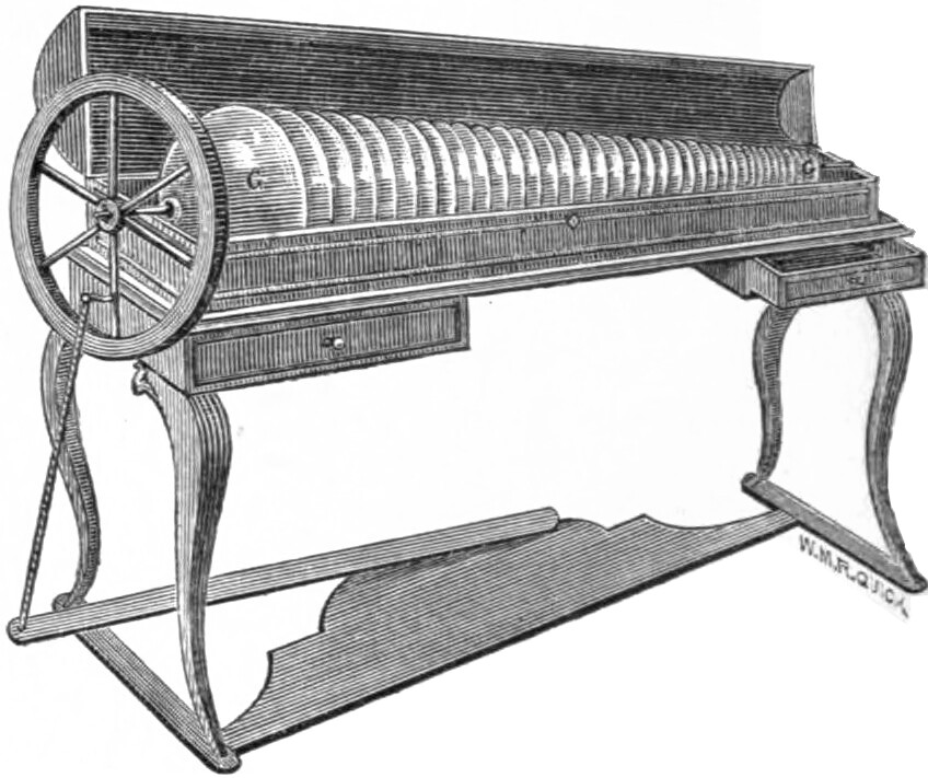 A glass armonica, nested glass bowls on a horizontal spindle played with wet fingers