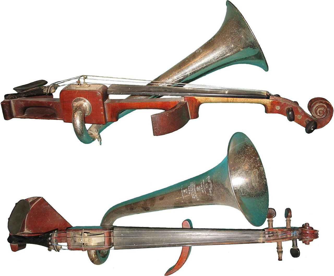 A Stroh violin, a violin with a metal horn in place of a wooden body