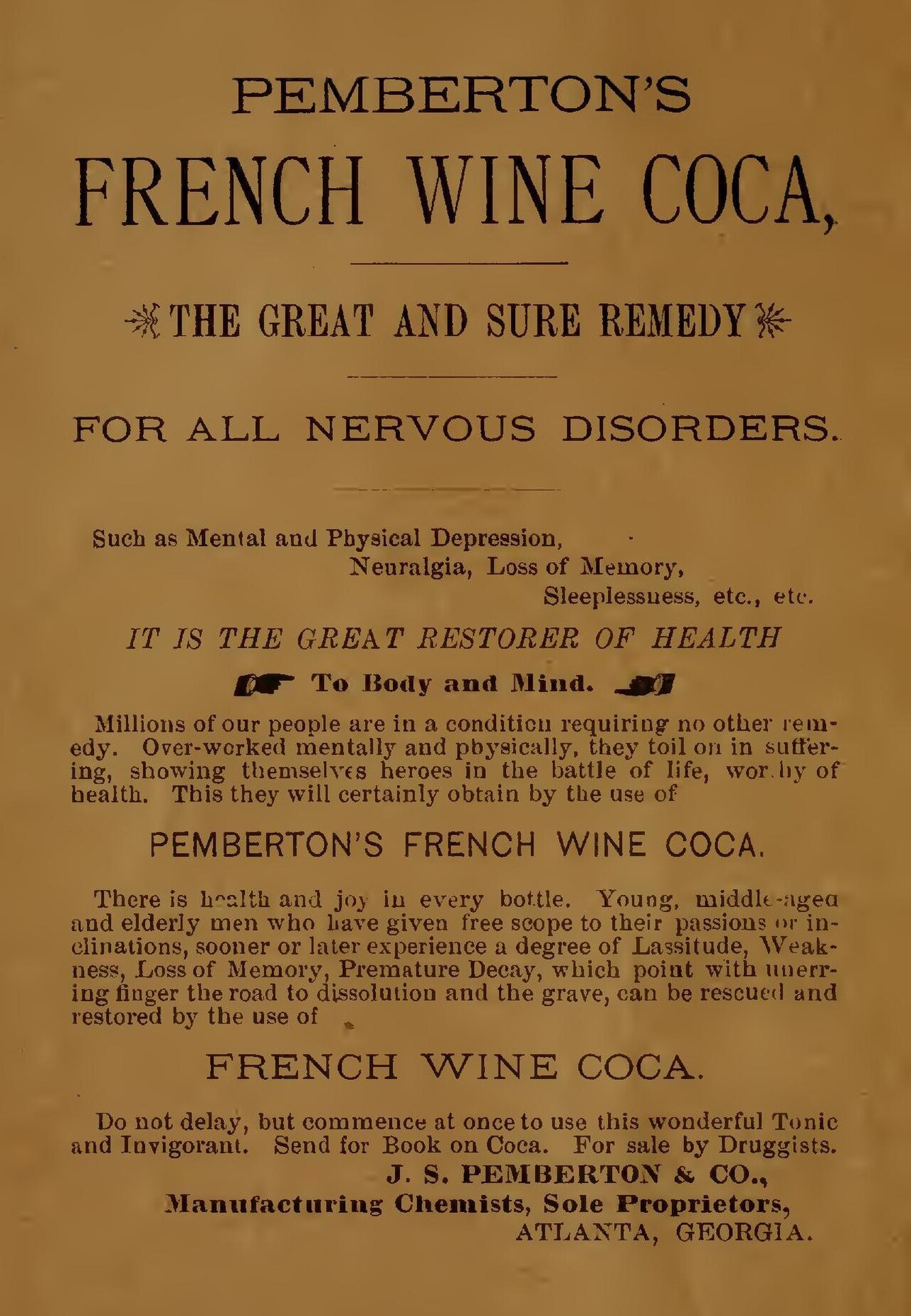 A 19th-century newspaper advertisement for Pemberton’s French Wine Coca