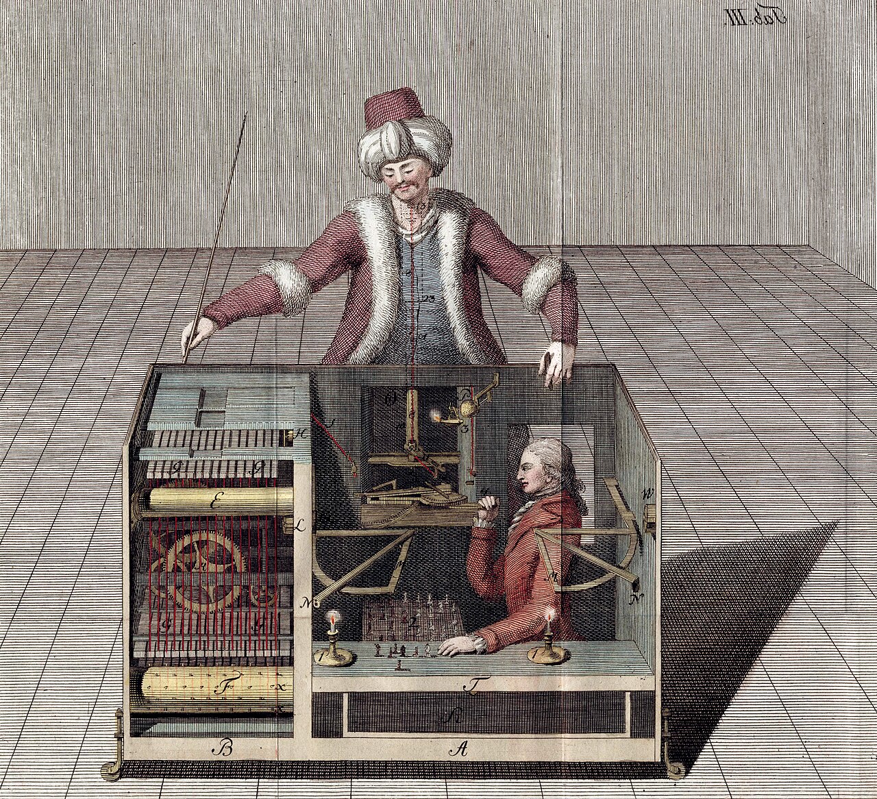 An old engraving of the Mechanical Turk chess automaton seated behind its wooden cabinet