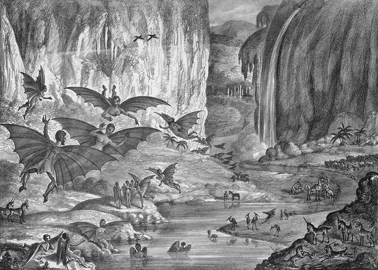 A 19th-century lithograph showing winged creatures and strange animals on the Moon