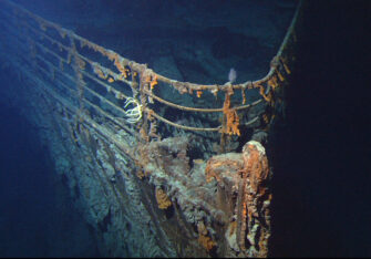 The bow of the Titanic wreck resting on the floor of the North Atlantic