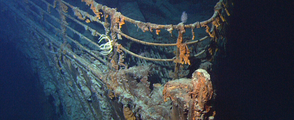 The bow of the Titanic wreck resting on the floor of the North Atlantic