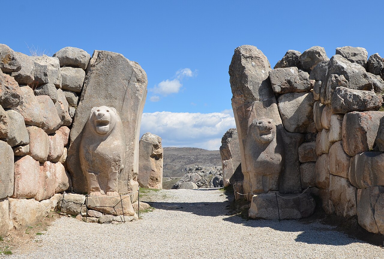 The Lion Gate at Hattusa, flanked by two carved stone lions, in central Turkey