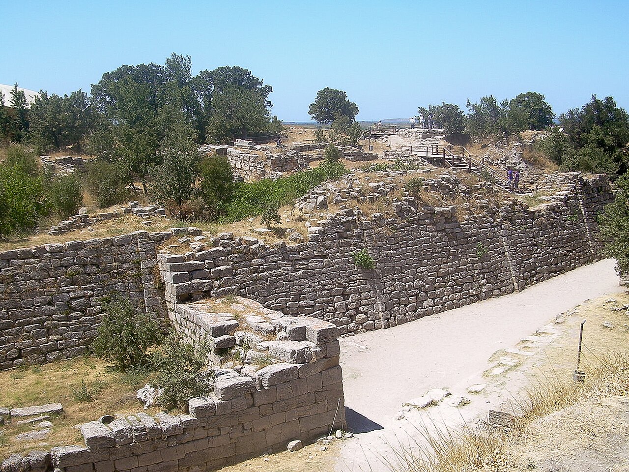 Ancient stone defensive walls at the archaeological site of Troy in northwest Turkey