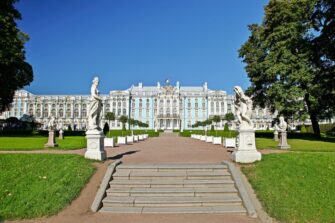 The long blue, white and gold facade of the Catherine Palace near Saint Petersburg