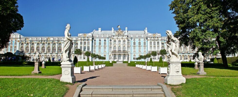 The long blue, white and gold facade of the Catherine Palace near Saint Petersburg