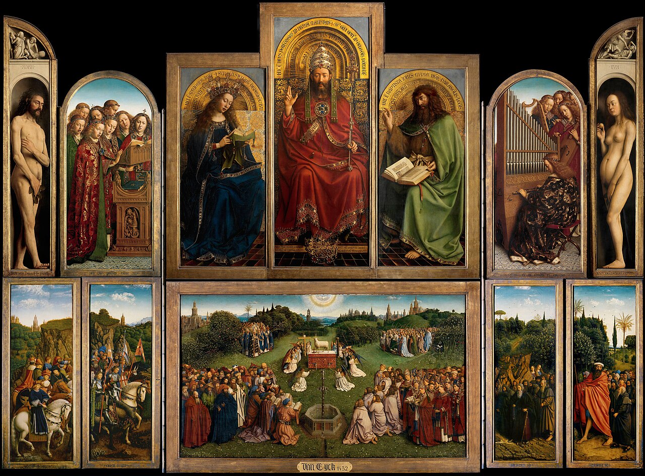 The opened Ghent Altarpiece, a multi-panel 15th-century oil painting in Ghent, Belgium