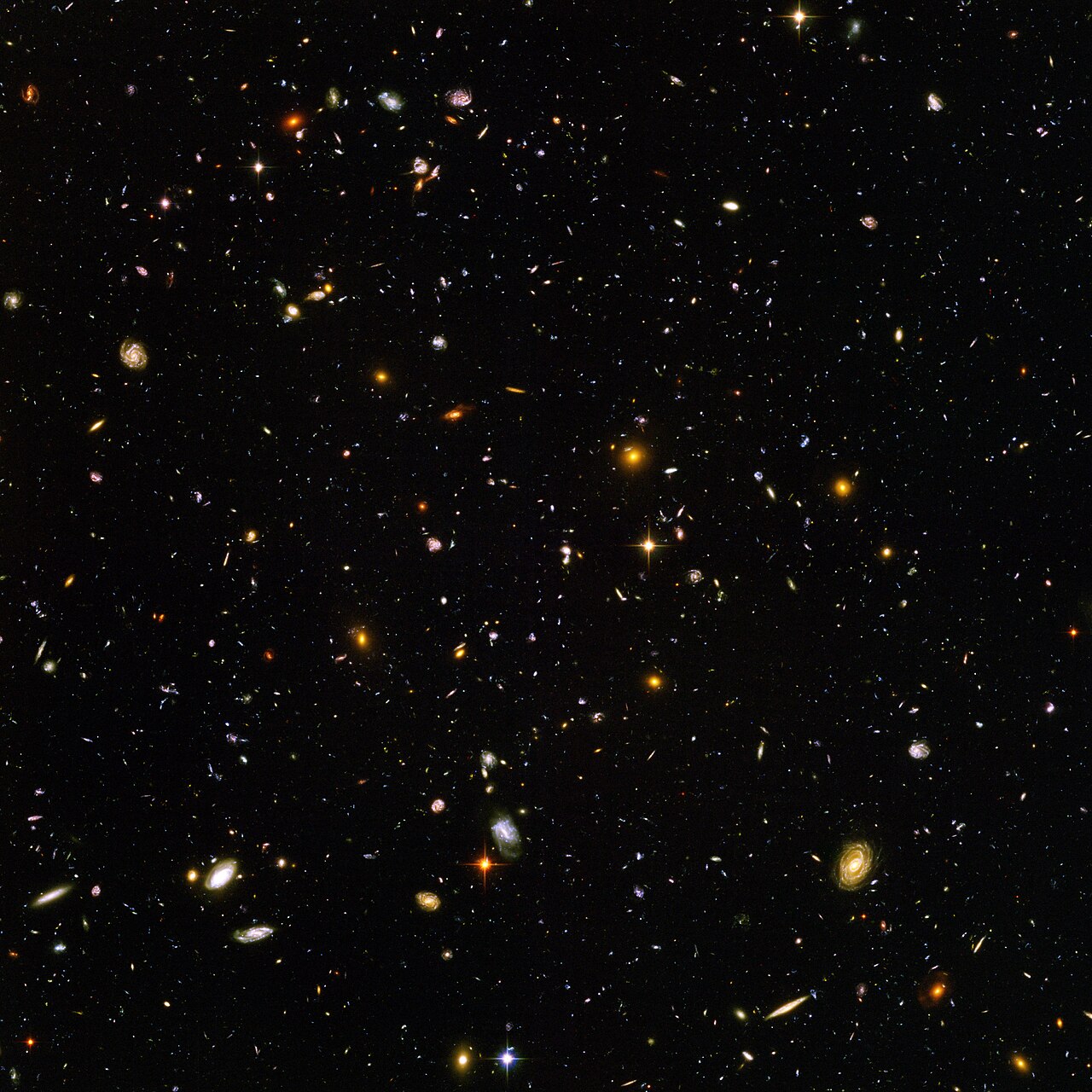 Thousands of distant galaxies of many shapes and colors scattered across black space
