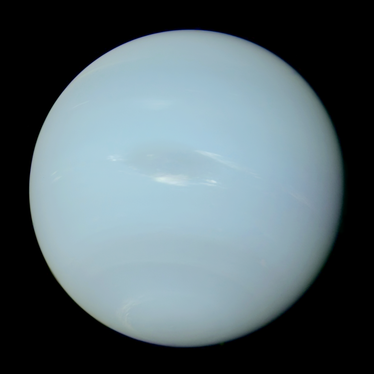 The deep blue planet Neptune with faint white cloud streaks seen from space