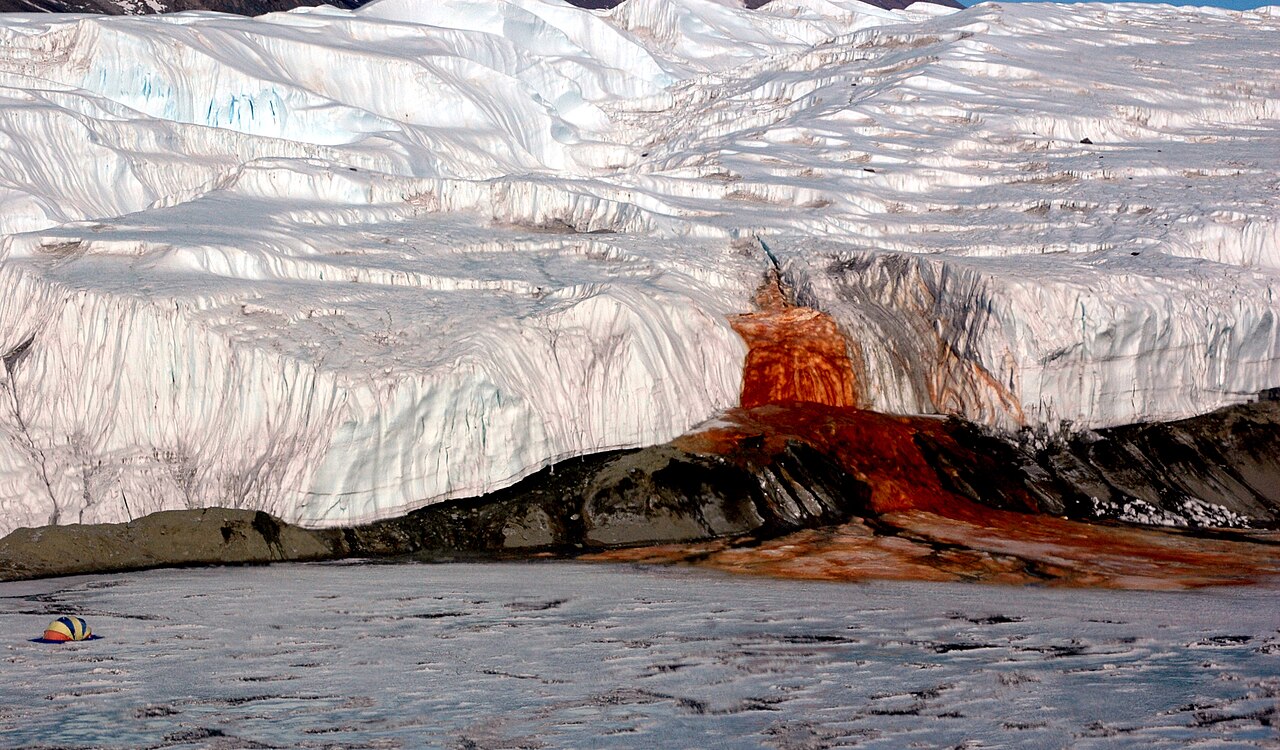 Rust-red brine staining the white ice face of a glacier in Antarctica