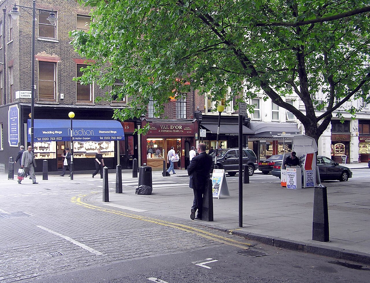 A street lined with jewelry shops in Hatton Garden, London’s historic diamond district