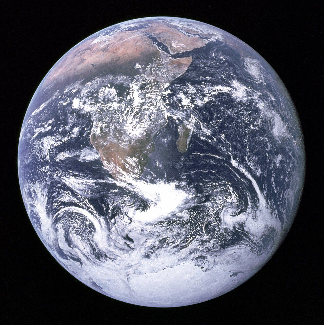 The whole Earth seen from space by the Apollo 17 crew, showing Africa, Antarctica and swirling clouds