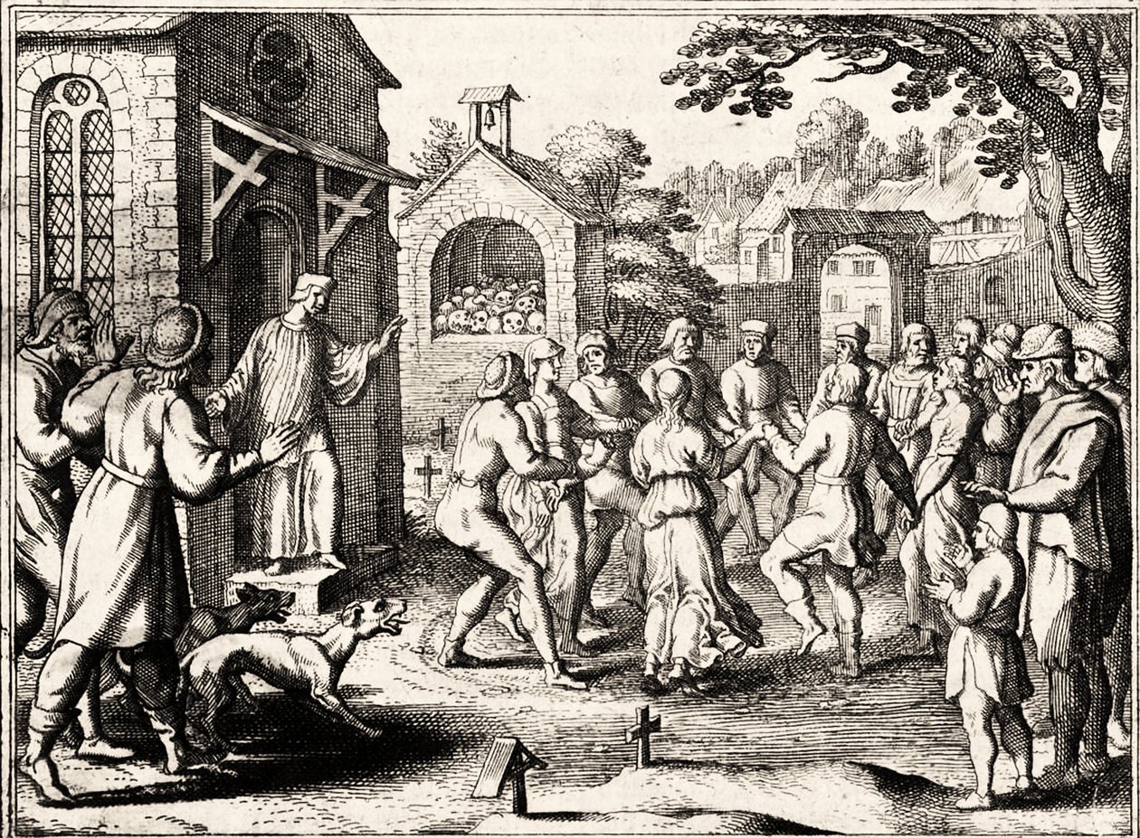 A historical engraving depicting people seized by uncontrollable dancing mania
