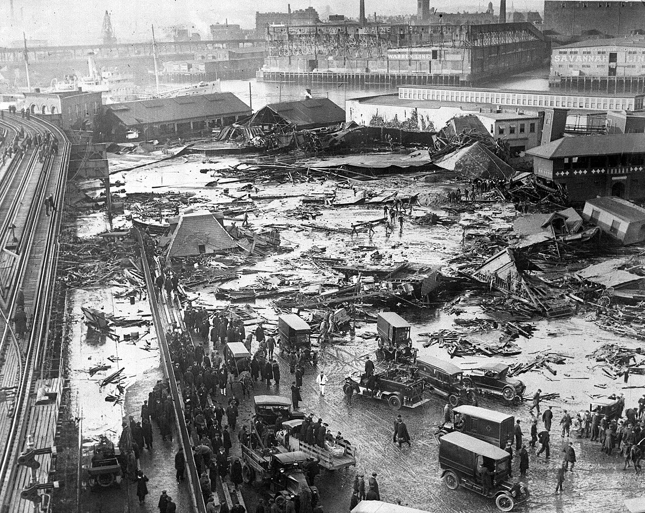A black-and-white photograph of wreckage in Boston after the 1919 molasses flood